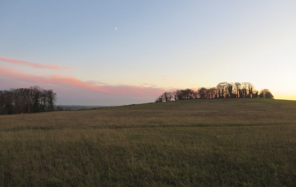 New moon above Little Trees Hill, Magog Down, November 2017