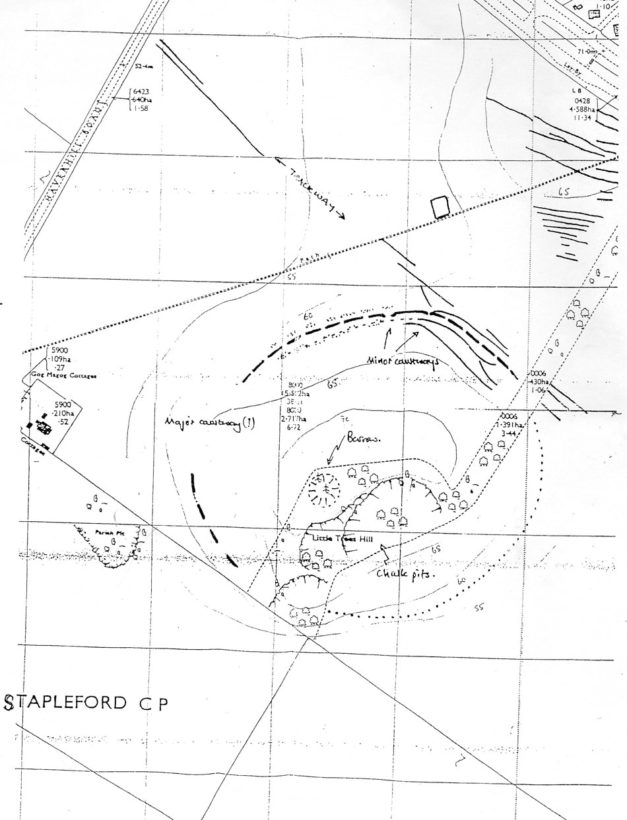 Map which illustrates the location of a causewayed enclosure and ditch, and a bowl barrow on Little Trees Hill