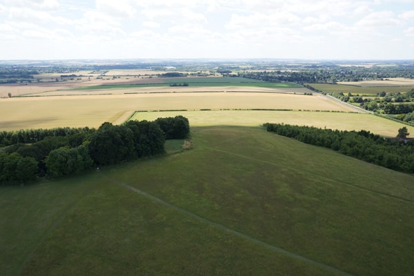 Drone photo showing Little Trees Hill, North Down and fields beyond